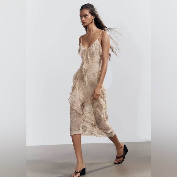 NET ZARA SHIMMERING RUFFLED MIDI DRESS - Picture 8 of 13